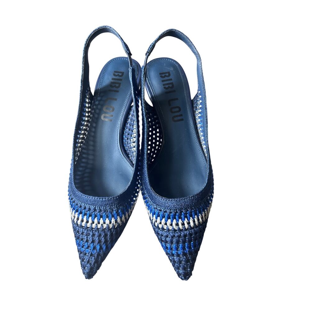 Bibi Lou Blue Fabric Kitten Heel Sling Back Shoes Sz 5